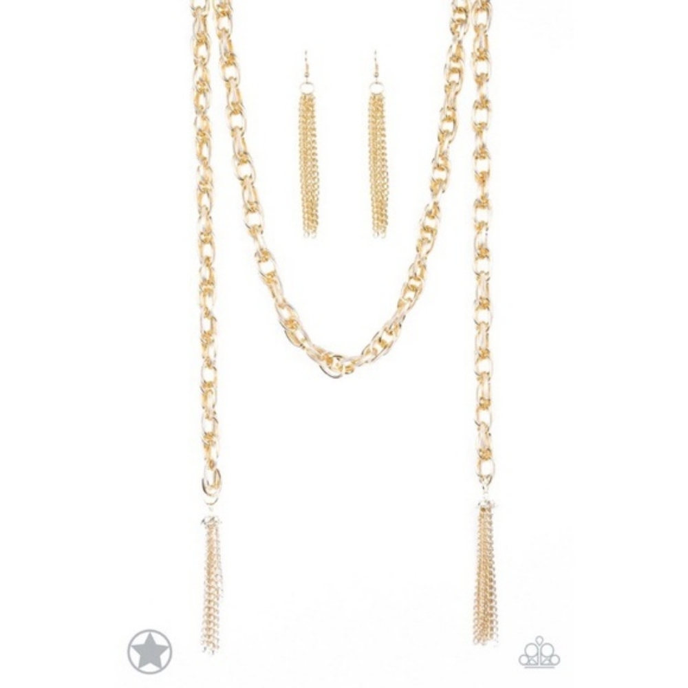 gold long chain and gold drop earrings